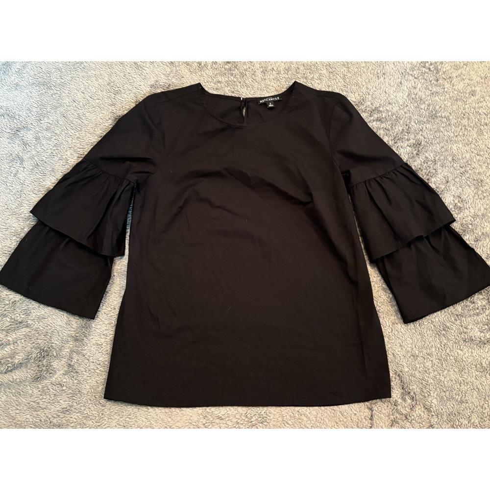 J. Crew Mercantile Blouse Womens 2 Black Ruffle Bell Sleeve Peasant Boho Top